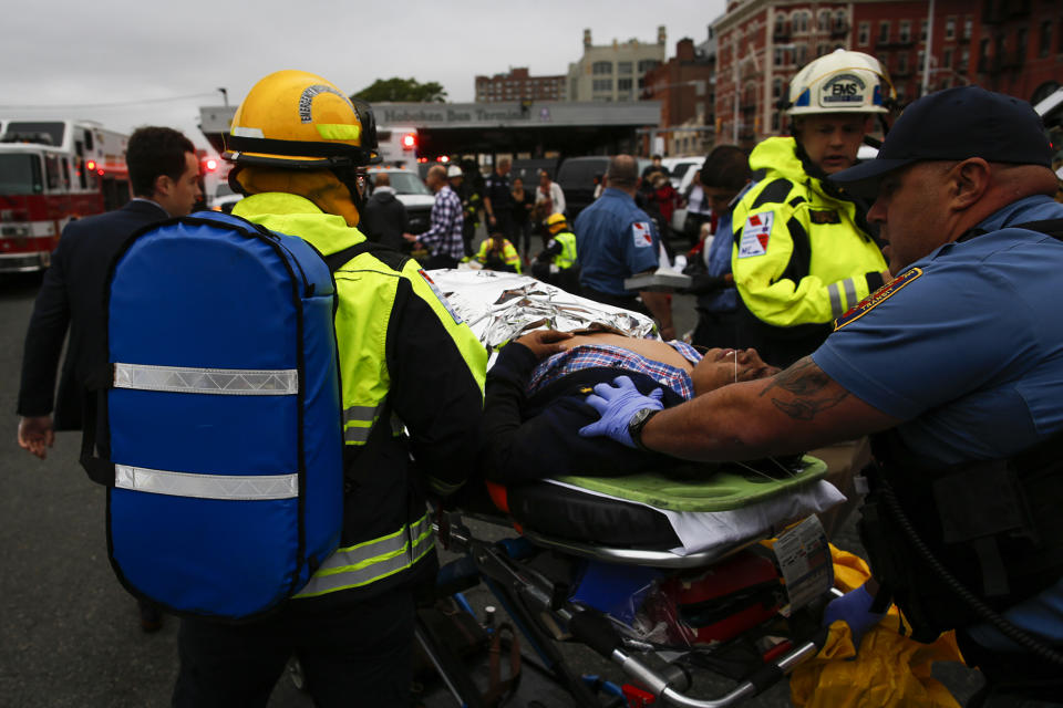 <p>People are treated for their injuries outside after a NJ Transit train crashed in to the platform at Hoboken Terminal September 29, 2016 in Hoboken, New Jersey. (Eduardo Munoz Alvarez/Getty Images) </p>
