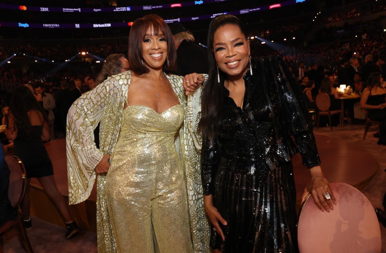 Gayle King (left) is sporting a different look than her 2024 Grammy Awards dress these days. The "CBS Mornings" host is throwing shade at headlines about her best friend Oprah Winfrey (right) going to the hospital over a stomach virus.