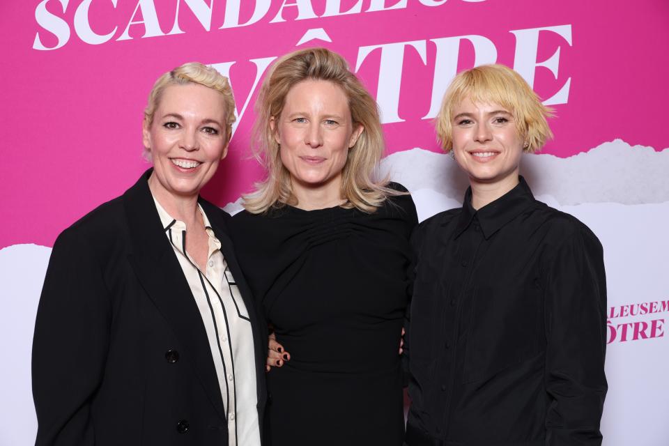 Olivia Colman, left, Thea Sharrock and Jessie Buckley at the film's Paris premiere in February.