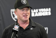 Las Vegas Raiders head coach Jon Gruden meets with the media following an NFL football game against the Pittsburgh Steelers in Pittsburgh, Sunday, Sept. 19, 2021. The Raiders won 26-17. (AP Photo/Don Wright)