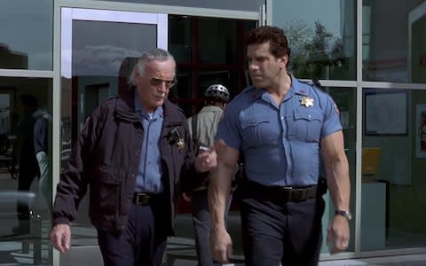 Stan Lee and Lou Ferringo as security guards in The Hulk (2003) - Credit: Marvel