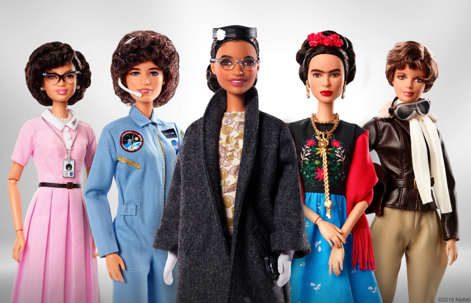 Barbie's Inspiring Women series, which includes (from left to right) Katherine Johnson, Sally Ride, Rosa Parks, Frida Kahlo and Amelia Earhart. (Photo: Barbie)