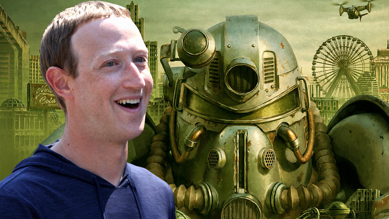 Mark Zuckerberg laughs at a suit of power armor. 