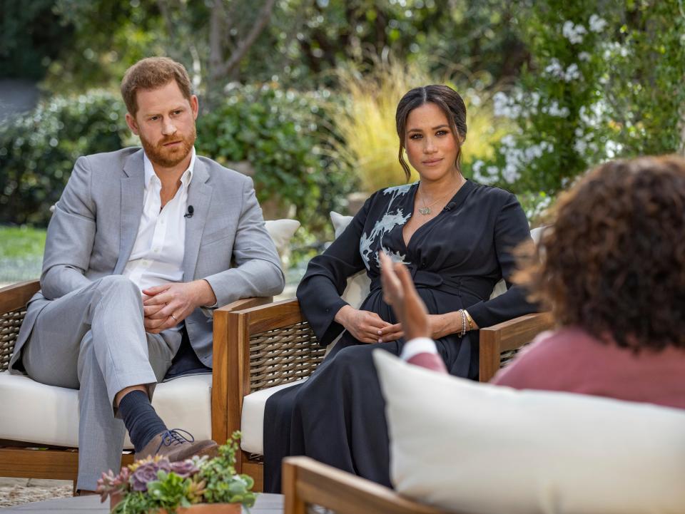 <p>This image provided by Harpo Productions shows Prince Harry, from left, and Meghan, Duchess of Sussex, in conversation with Oprah Winfrey.  “Oprah with Meghan and Harry: A CBS Primetime Special” airs March 7.  (Joe Pugliese/Harpo Productions via AP)</p> (Joe Pugliese/Harpo Productions via AP)