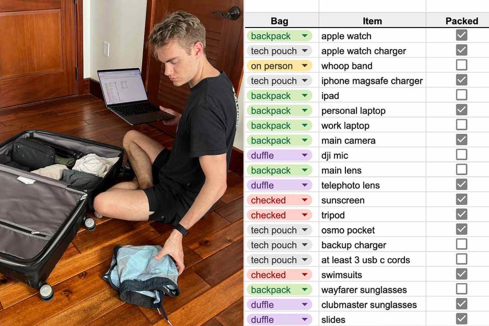 <p>Luke Scarpino (2)</p> Luke Scarpino packing a suitcase using the packing spreadsheet he created.