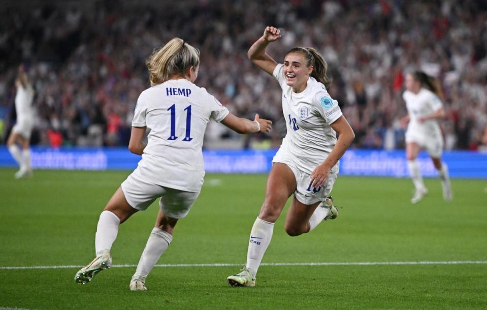 England’s Georgia Stanway celebrates scoring their second goal with Lauren Hemp (REUTERS)