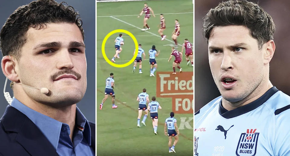 Nathan Cleary may have a hard time winning back the NSW No.7 jersey after the Origin 2 masterclass from Mitchell Moses. Image: Getty/Channel 9
