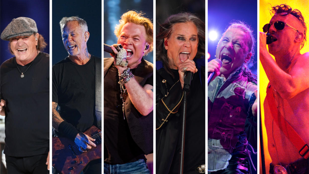  Brian Johnson, Axl Rose, James Hetfield, Bruce Dickinson, Ozzy Osbourne and Maynard James Keenan on stage at various points through the years 