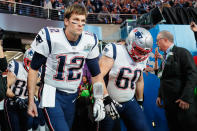 <p>Tom Brady leads out the Patriots in Super Bowl LII at U.S. Bank Stadium on February 4, 2018 in Minneapolis, Minnesota. </p>