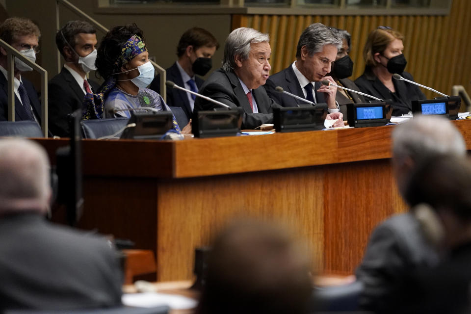 United Nations Secretary General Antonio Guterres, center, speaks as U.S. Secretary of State Antony Blinken chairs a ministerial meeting on growing food insecurity around the world, which has been exacerbated by Russia's war on Ukraine, Wednesday, May 18, 2022, in United Nations headquarters. (AP Photo/John Minchillo)