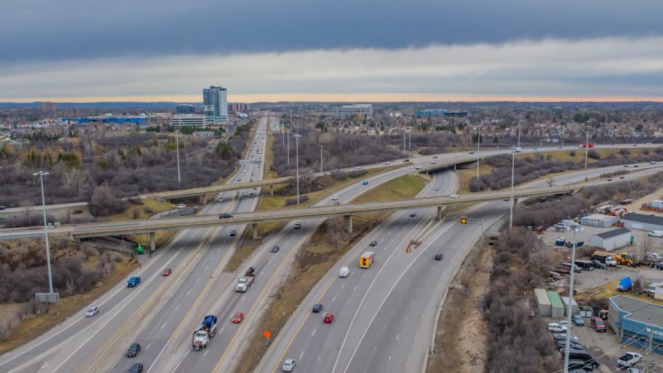 The "Scratch" East of downtown Ottawa, where Highway 417, right, and Highway 174 split or merge depending on which direction drivers are traveling.  This photo was taken by a drone.