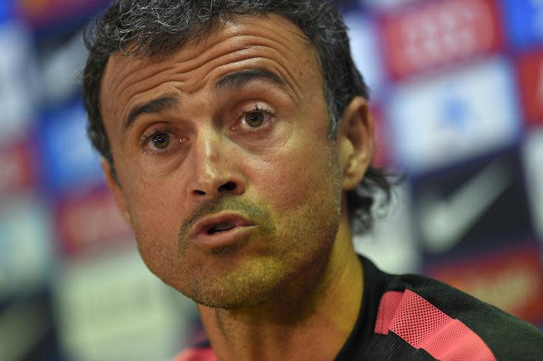 Barcelona coach Luis Enrique holds a press conference at the Sports Center FC Barcelona Joan Gamper in Sant Joan Despi near Barcelona on October 24, 2014 on the eve of the "clasico" against Real Madrid
