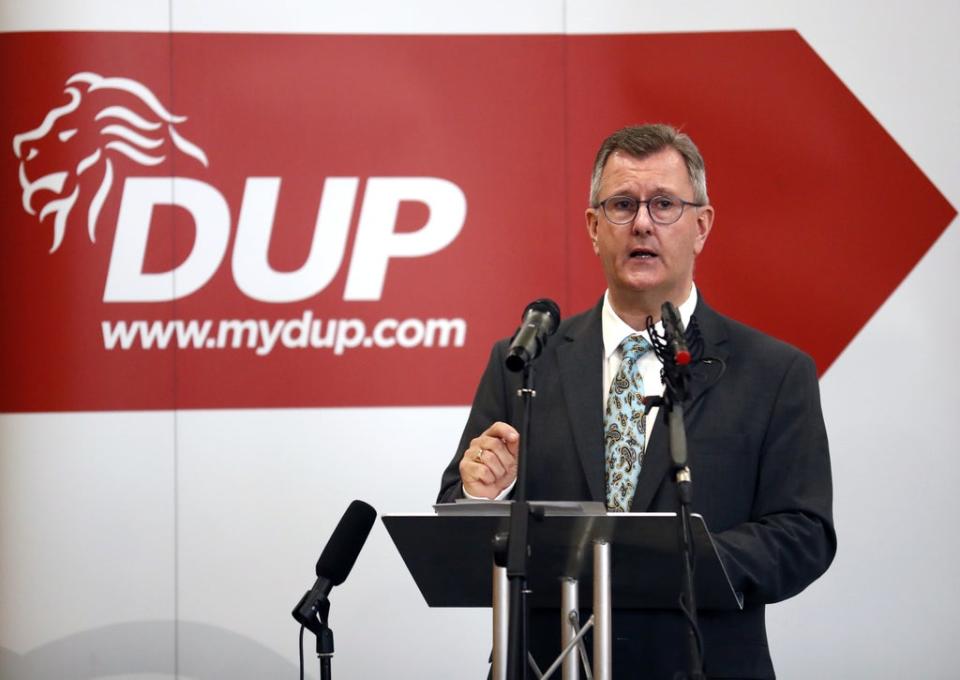 Democratic Unionist Party leader Jeffrey Donaldson threatened to collapse powersharing at Stormont during a speech at the La Mon hotel in east Belfast (Peter Morrison/PA) (PA Wire)