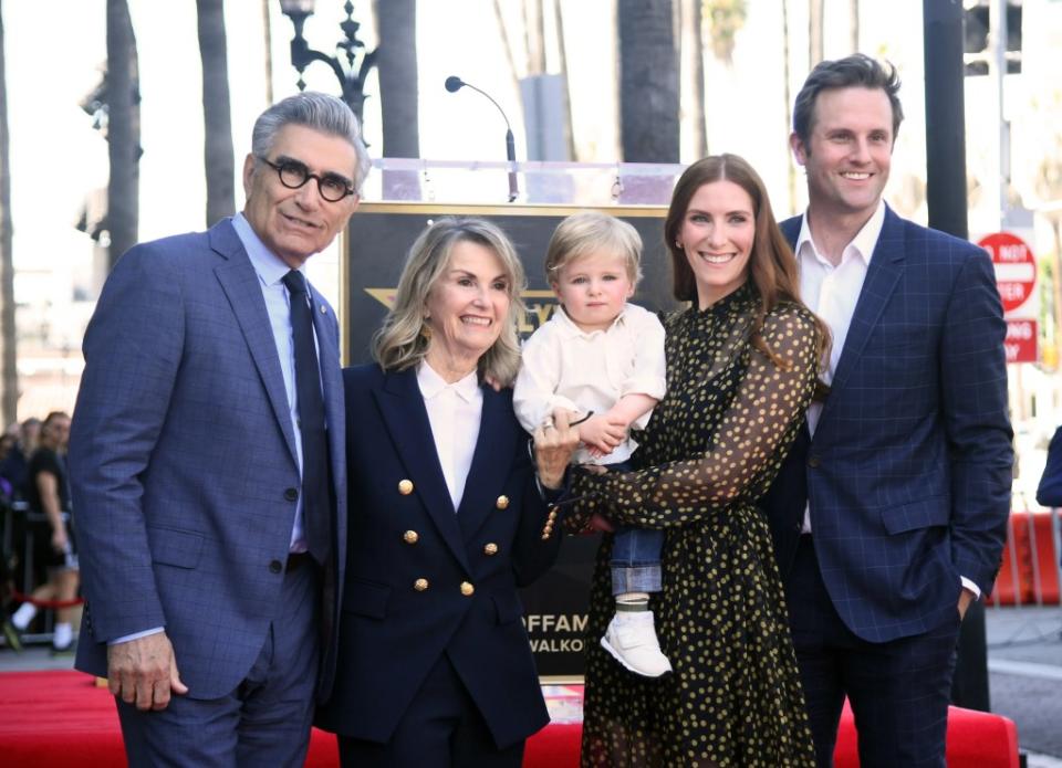 HOLLYWOOD, CALIFORNIA – MARCH 08: Eugene Levy, Deb Devine, Sarah Levy and Graham Outerbridge attend the ceremony honoring Eugene Levy with a Star on the Hollywood Walk of Fame on March 08, 2024 in Hollywood, California. (Photo by Alberto E. Rodriguez/Getty Images)