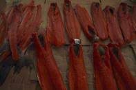 Freshly caught salmon is sliced and hung at an "in-lieu fishing site," lands set aside by Congress to compensate tribes whose villages were inundated by dams, on the Columbia River in Bonneville, Ore., on Tuesday, June 21, 2022. (AP Photo/Jessie Wardarski)