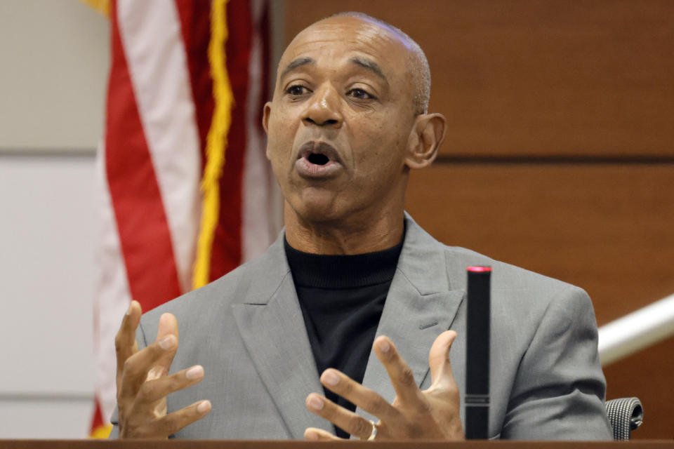 Former Marjory Stoneman Douglas Security Specialist Kelvin Greenleaf testifies during the trial of former Marjory Stoneman Douglas High School School Resource Officer Scot Peterson at the Broward County Courthouse in Fort Lauderdale on Tuesday, June 20, 2023. Broward County prosecutors charged Peterson, a former Broward Sheriff's Office deputy, with criminal charges for failing to enter the 1200 Building at the school and confront the shooter as he perpetuated the Valentine's Day 2018 Massacre that left 17 dead and 17 injured. (Amy Beth Bennett/South Florida Sun-Sentinel via AP, Pool)