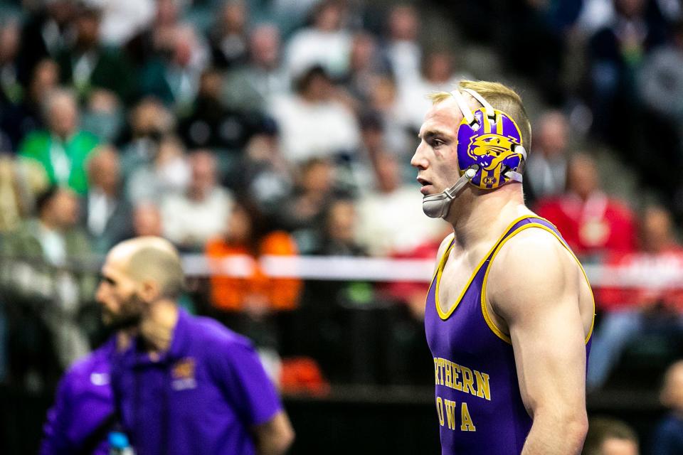 Northern Iowa's Parker Keckeisen wrestles at 184 pounds in the semifinals during the fourth session of the NCAA Division I Wrestling Championships, Friday, March 17, 2023, at BOK Center in Tulsa, Okla.