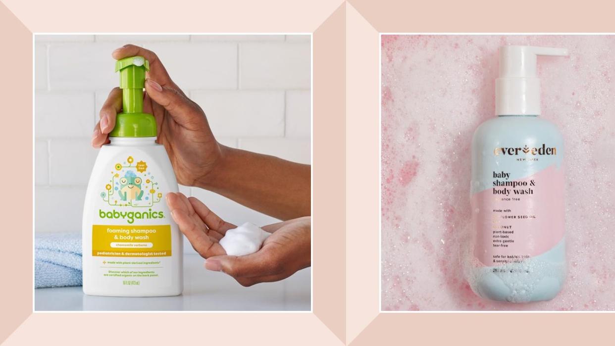 a person holding foam baby shampoo, and a baby shampoo bottle in foam