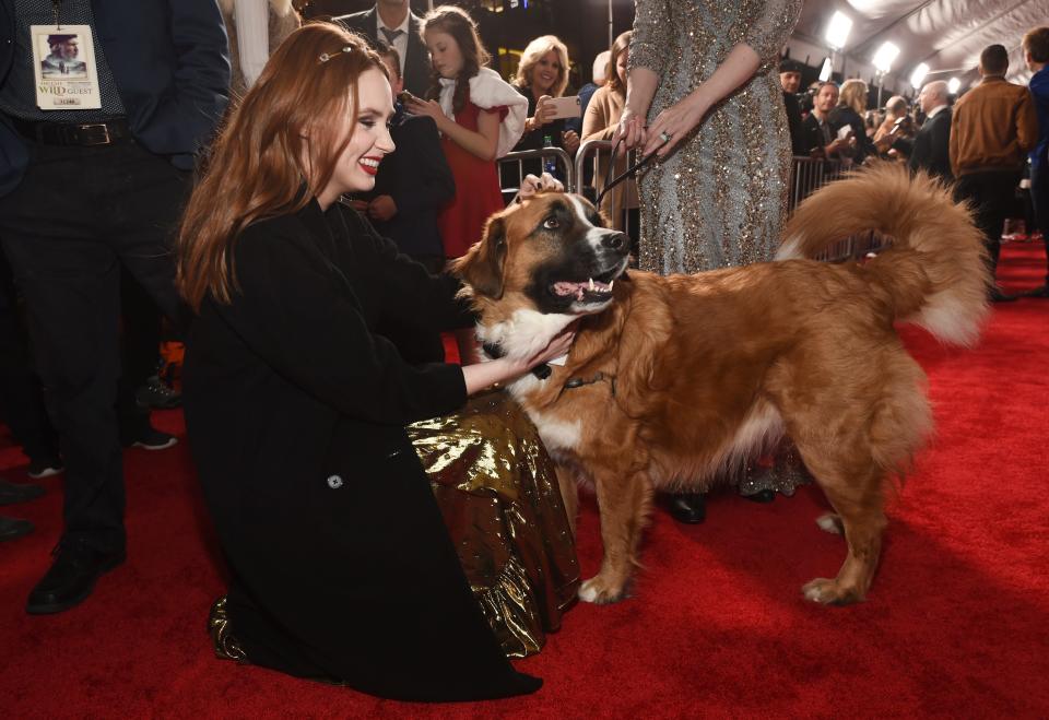 Karen Gillan, a cast member in "The Call of the Wild," pets Buckley (now known as Buck), the St. Bernard mix upon whom the film's digital canine character is based.