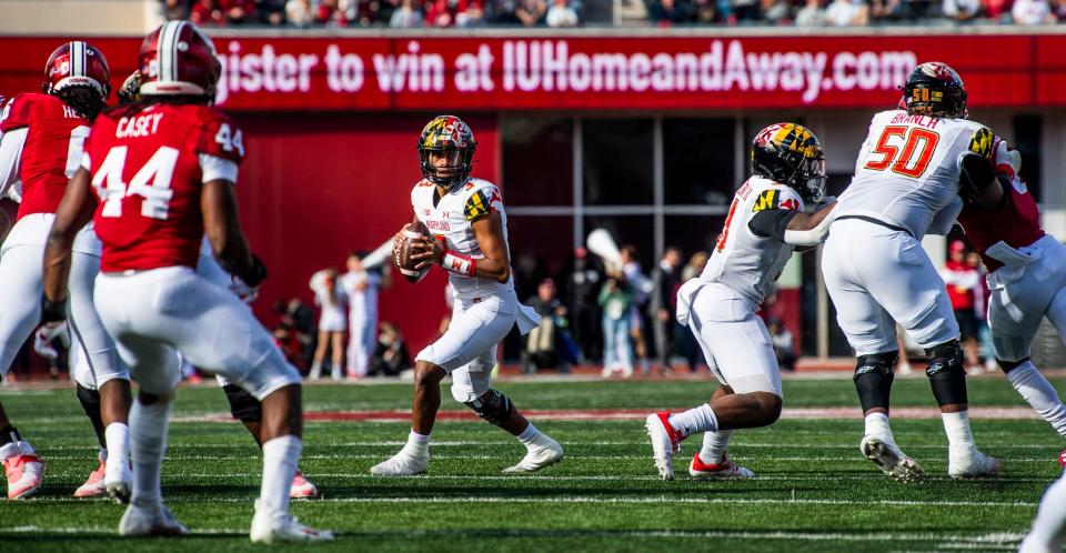 Maryland's Taulia Tagovailoa (3) looks to throw during the Indiana versus Maryland football game at Memorial Stadium on Saturday, Oct. 15, 2022.