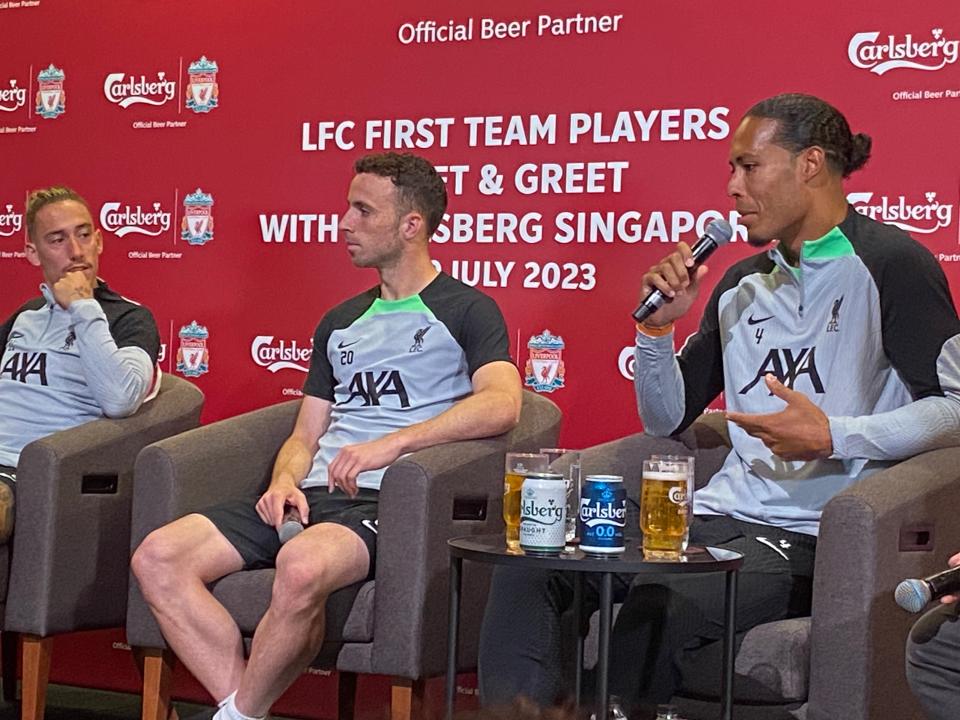 Liverpool players (from left) Kostas Tsimikas, Diogo Jota and Virgil van Dijk at a fan meet-and-greet session at Ritz Carlton hotel. (PHOTO: Chia Han Keong/Yahoo News Singapore)