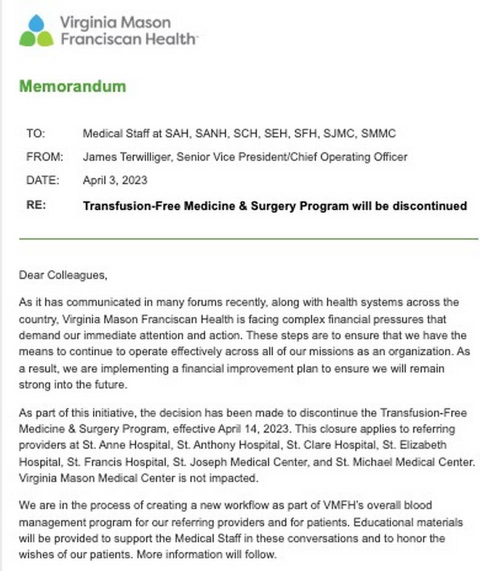 A screen shot of a message sent earlier this month notifying staff of the end of transfusion free medicine and surgery program at several VMFH hospitals in the area.