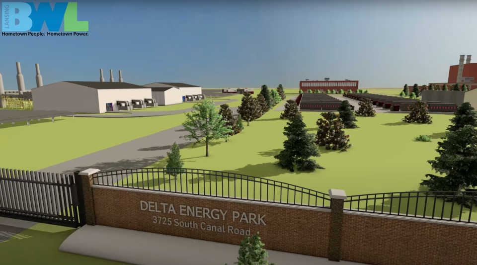 A conceptual rendering of the Delta Energy Park as it is expected to look after BWL completes its 10-year, $750 million plan. The rendering shows solar panels on the left, a reciprocating internal combustion engine gas plant (white buildings) and power storage units on the right.