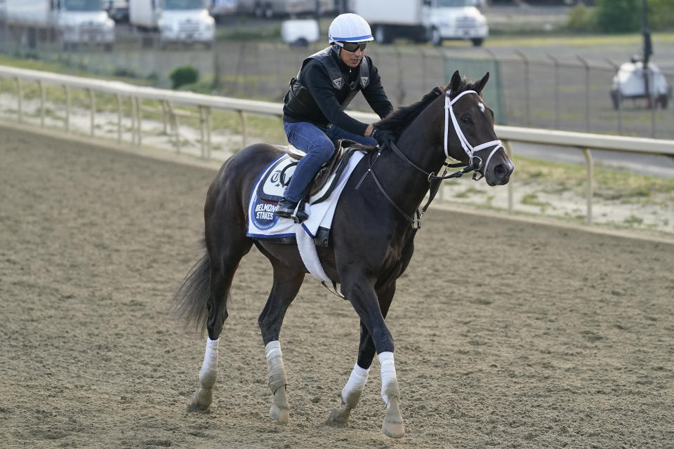 Forte trains ahead of the Belmont Stakes horse race, Friday, June 9, 2023, at Belmont Park in Elmont, N.Y. (AP Photo/John Minchillo)