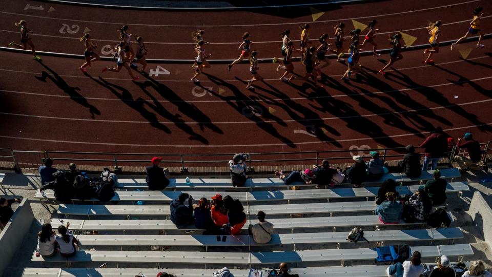 seen from above a group of runners on a track cast long shadows