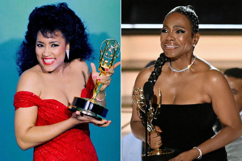 Jackée Harry for 'Best Supporting Actress in a Comedy Series' backstage at the Emmy Awards Show, September 20, 1987 in Pasadena, California.; US actress Sheryl Lee Ralph accepts the award for Outstanding Supporting Actress In A Comedy Series for "Abbott Elementary" onstage during the 74th Emmy Awards at the Microsoft Theater in Los Angeles, California, on September 12, 2022