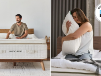 A man on an Avocado mattress and a woman hugging a pillow with a Memorial Day badge in the corner.