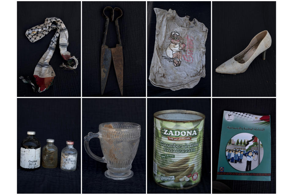 This combination of eight images shows personal items left behind by Palestinians who fled the West Bank Bedouin village of Ein Samiya, Sunday, Aug. 13, 2023. The community dismantled their homes and left in May, citing Israeli settler violence as their reason for leaving. (AP Photo/Maya Alleruzzo)