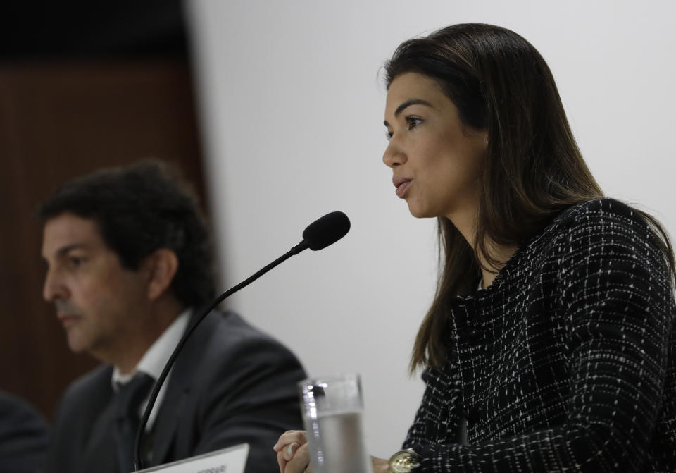 Prosecutor Marisa Ferrari speaks during a press conference about the investigation into kickbacks and money laundering that they say involve Paraguay's former President Horacio Cartes, at the Federal Police headquarters, in Rio de Janeiro, Brazil, Tuesday, Nov. 19, 2019. On Tuesday, Brazilian authorities alleged Cartes provided $500,000 to a criminal organization at the request of Dario Messer, a Brazilian associate who was then a fugitive facing corruption charges, prosecutors told reporters. (AP Photo/Silvia Izquierdo)