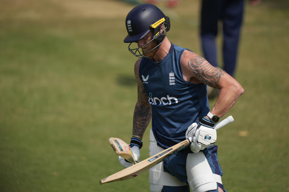 England's captain Ben Stokes attends a practice session ahead of their first cricket test match against India in Hyderabad, India, Tuesday, Jan. 23, 2024. (AP Photo/Mahesh Kumar A.)