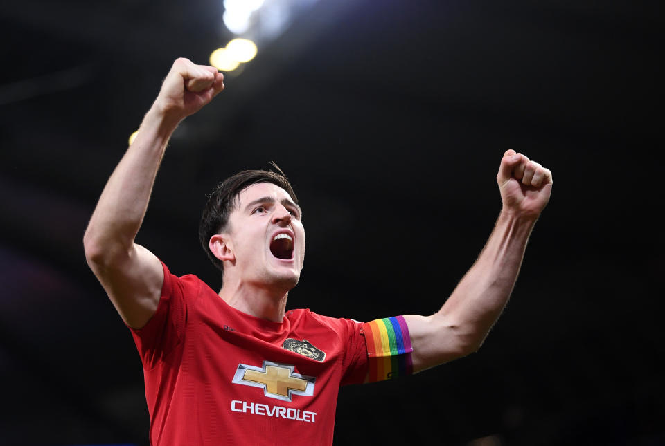 MANCHESTER, ENGLAND - DECEMBER 07: Harry Maguire of Manchester United celebrates victory at the end of the match during the Premier League match between Manchester City and Manchester United at Etihad Stadium on December 07, 2019 in Manchester, United Kingdom. (Photo by Laurence Griffiths/Getty Images)