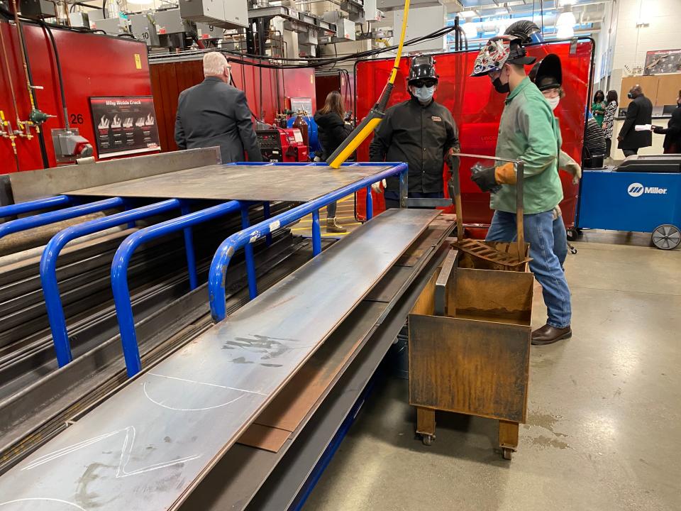 Students at Ella T. Grasso Technical High School learning welding techniques amid a visit from U.S. Secretary of Education Miguel Cardona and U.S. Rep. Joe Courtney on Friday.