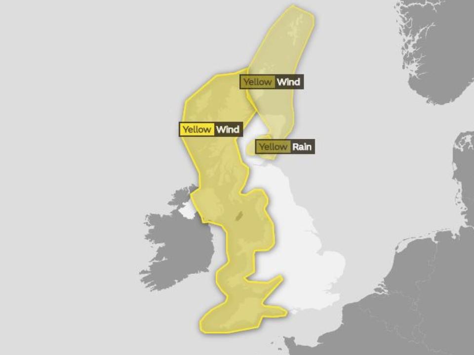 Yellow weather warnings for wind and rain are in force for Wednesday. Pic: Met Office