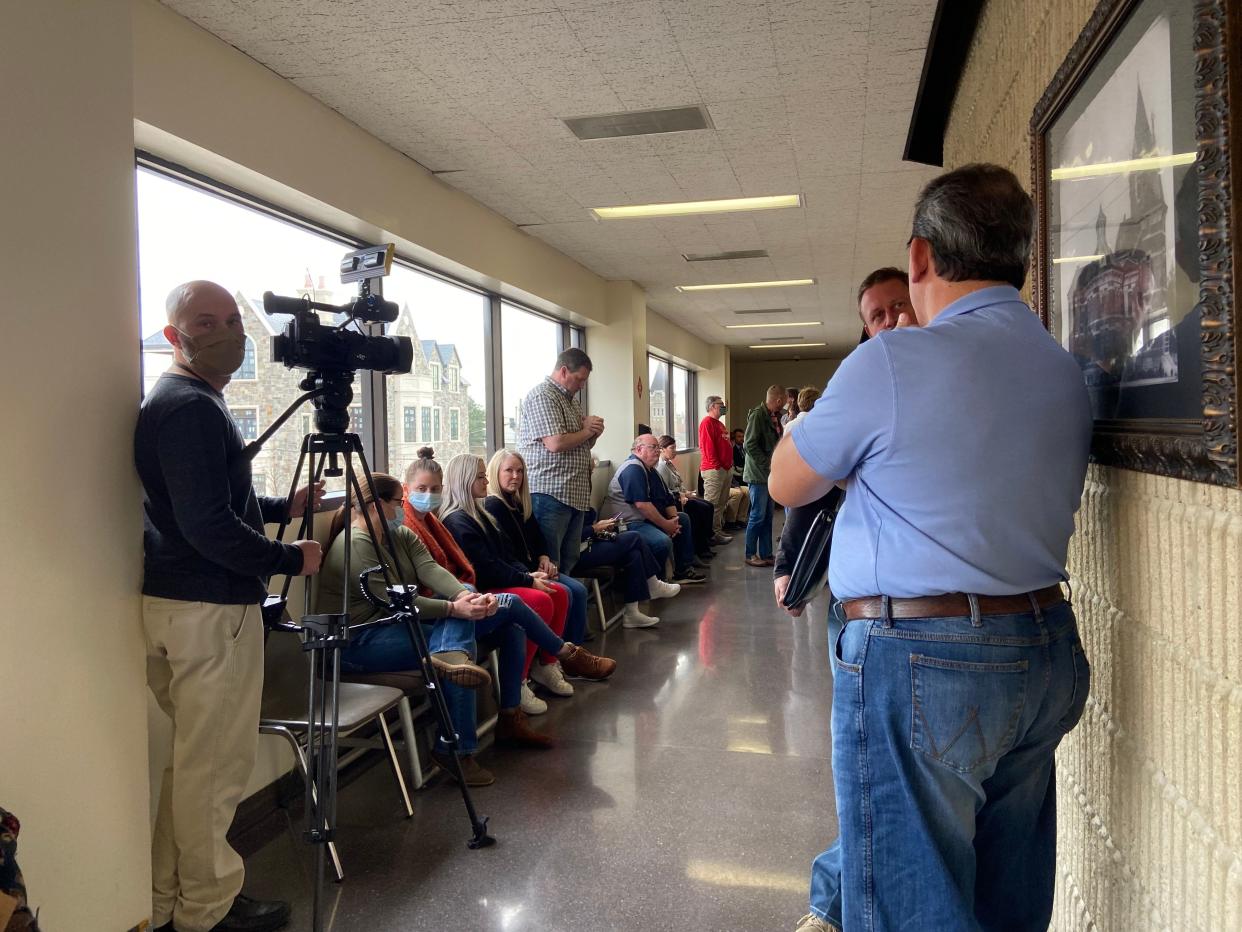 The crowd of people who didn't get a seat in the courtroom to hear the judge's decision in the petition to remove Grayson County Judge Bill Magers on Friday.