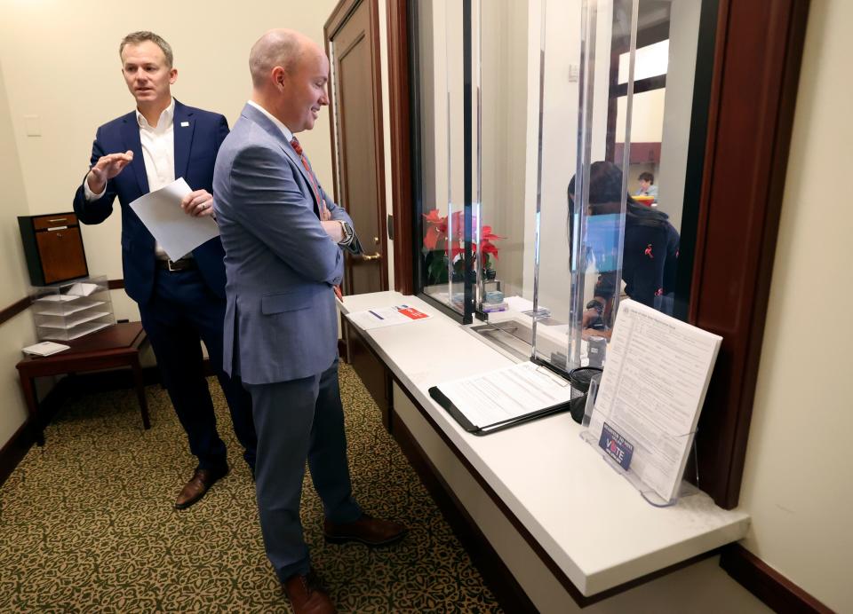 Utah 1st Congressional District Rep. Blake Moore and Gov. Spencer Cox file to run for their positions at the Capitol in Salt Lake City, on Wednesday, Jan. 3, 2024.
