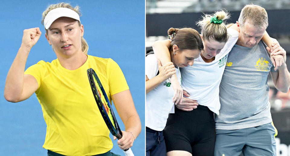 Pictured left is tennis star Daria Saville and Australia BJK Cup teammate Storm Hunter on the right.