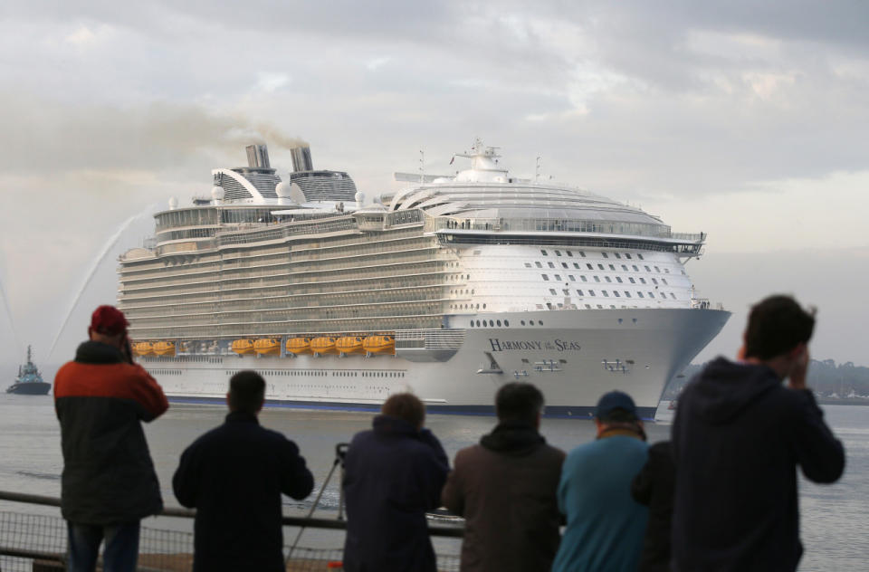 <p>The world’s largest cruise ship, at 1,187 feet long, Harmony of the Seas arrives in port on May 17, 2016, in Southampton, Britain, for her maiden voyage. (Peter Nicholls/Reuters)</p>