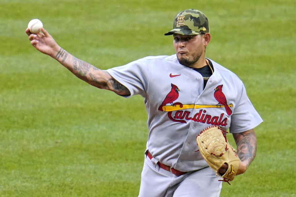 St. Louis Cardinals relief pitcher Yadier Molina delivers during the ninth inning of a baseball game against the Pittsburgh Pirates in Pittsburgh, Sunday, May 22, 2022. (AP Photo/Gene J. Puskar)