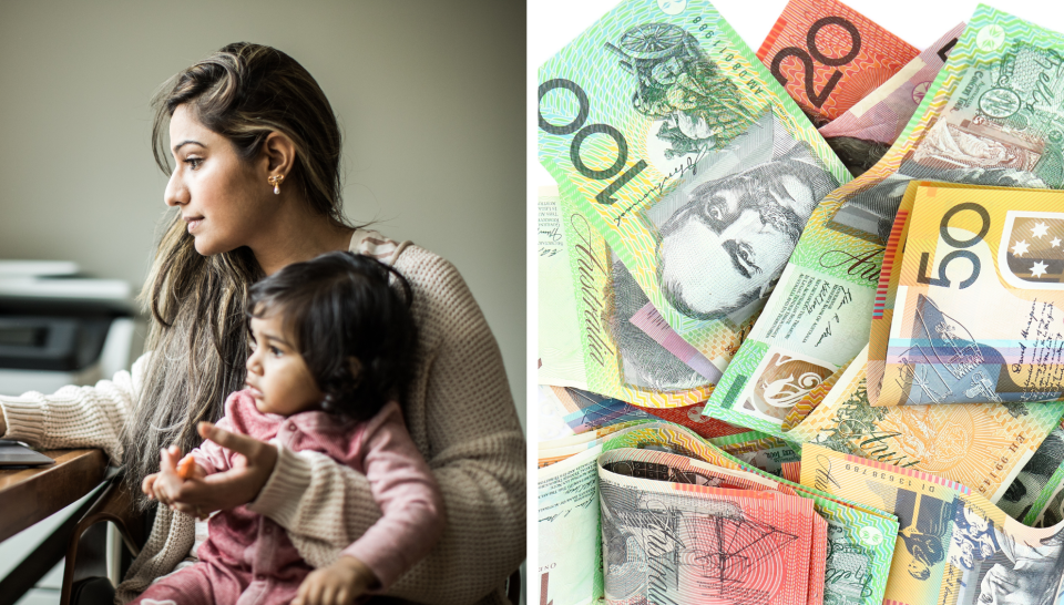 Working mother alongside pile of cash. Source: Getty/Yahoo Finance