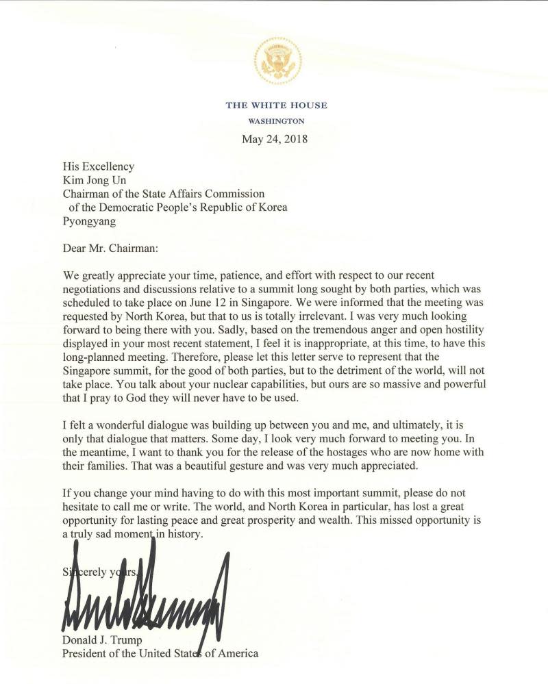 The letter Donald Trump sent to Kim Jong-un on 24 May, cancelling the summit.