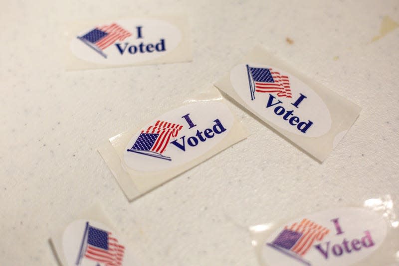 AUSTIN, TX - MARCH 01: I voted for stickers at the Millennium Youth Entertainment Complex on March 1, 2022, in Austin, Texas. Today Texans are headed to the polls to vote in the state’s first primary of the 2022 midterm election season.