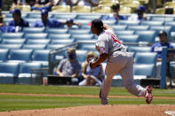 Washington Nationals starting pitcher Joe Ross throws to the Los Angeles Dodgers during the first inning of a baseball game, Friday, April 9, 2021, in Los Angeles. (AP Photo/Marcio Jose Sanchez)