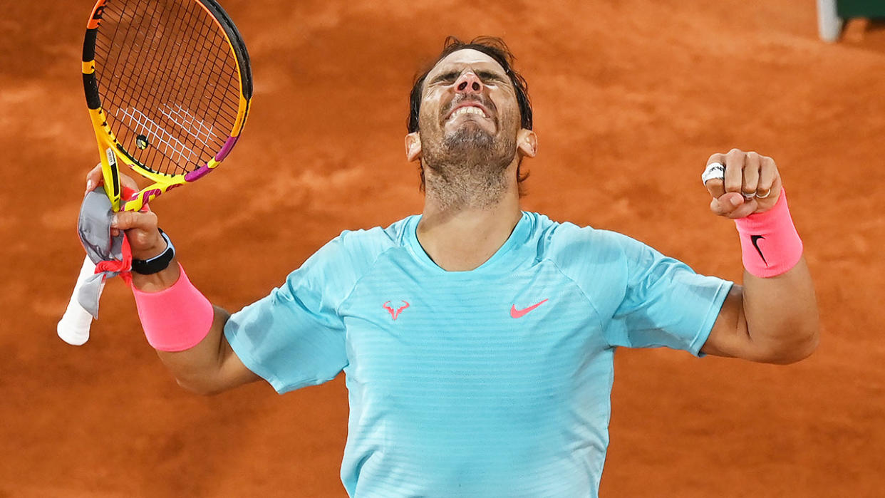 Rafael Nadal is seen celebrating his French Open quarter-final win.