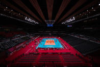 <p>TOKYO, JAPAN - JULY 30: An elevated view of the court as Team Poland battles against Team Japan during the Men's Preliminary Round - Pool A volleyball on day seven of the Tokyo 2020 Olympic Games at Ariake Arena on July 30, 2021 in Tokyo, Japan. (Photo by Leon Neal/Getty Images)</p> 