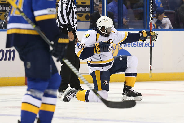 ST. LOUIS, MO - APRIL 26: P.K. Subban #76 of the Nashville Predators celebrates after scoring a goal against the St. Louis Blues in Game One of the Western Conference Second Round during the 2017 NHL Stanley Cup Playoffs at the Scottrade Center on April 26, 2017 in St. Louis, Missouri. (Photo by Dilip Vishwanat/Getty Images)