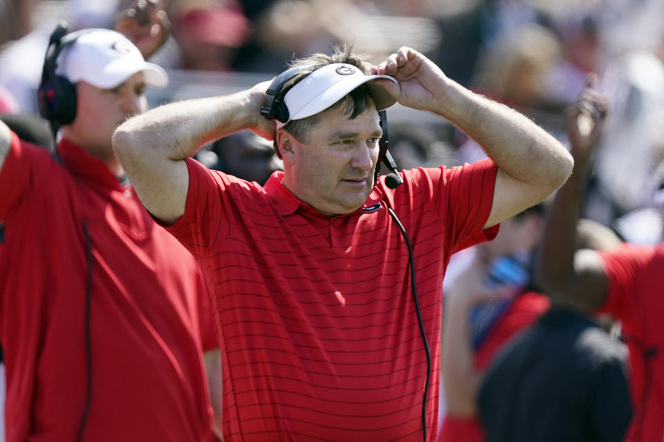 Georgia head coach Kirby Smart watches from the sideline in the second half of an NCAA college football game against Vanderbilt Saturday, Sept. 25, 2021, in Nashville, Tenn. Georgia won 62-0. (AP Photo/Mark Humphrey)